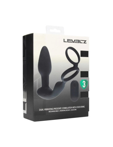 Dual Vibrating Remote Rotating Beads Silicone Prostate Stimulator with Cock and Ball Ring - Black