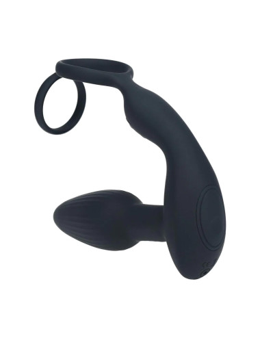 Dual Vibrating Remote Rotating Beads Silicone Prostate Stimulator with Cock and Ball Ring - Black