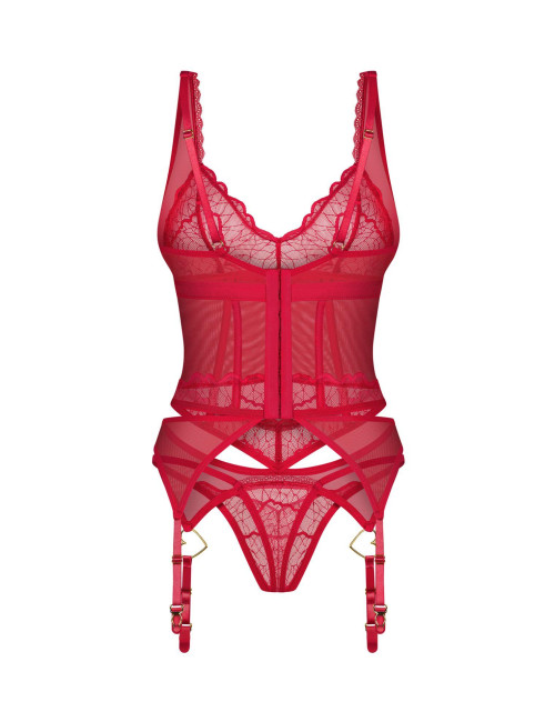 Obsessive Cupide Desir - Czerwony Gorset ze Stringami 2XL/3XL