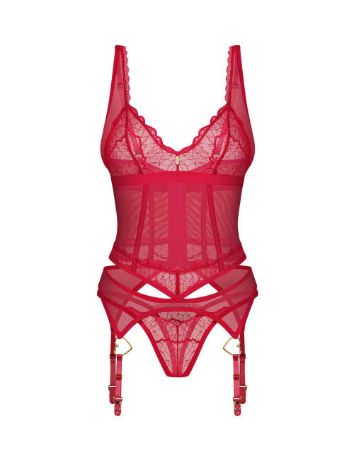 Obsessive Cupide Desir - Czerwony Gorset ze Stringami 2XL/3XL