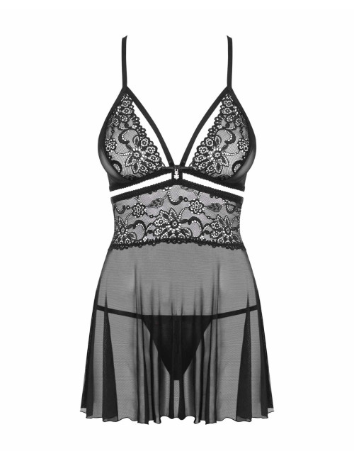 Obsessive 838-BAB-1 - Czarna koszulka babydoll i stringi S/M