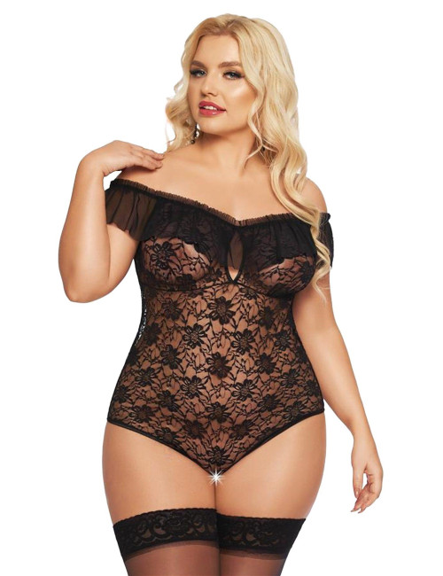 SoftLine Collection Kamila Black – Koronkowe body 2XL z wycięciem