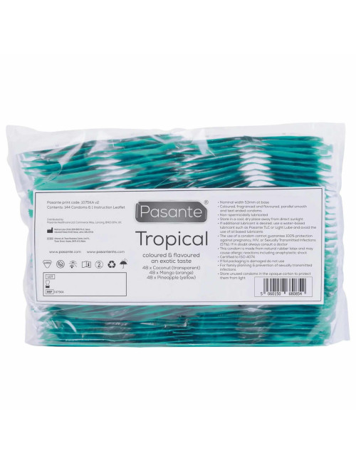 Pasante Tropical Prezerwatywy Zwykłe i Smakowe 144 szt. Mango-Ananas-Kokos Afrodyzjaki