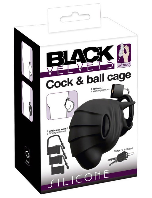 Black Velvets Silikonowa klatka na penisa i jądra z BDSM plugiem