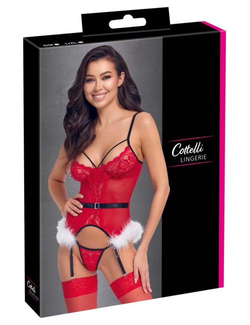 X-Mas Basque L/XL - Bielizna Cottelli Gorsety z Koronką i Piórami, Czerwona