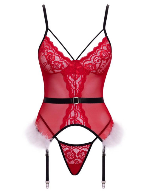 X-Mas Basque L/XL - Bielizna Cottelli Gorsety z Koronką i Piórami, Czerwona