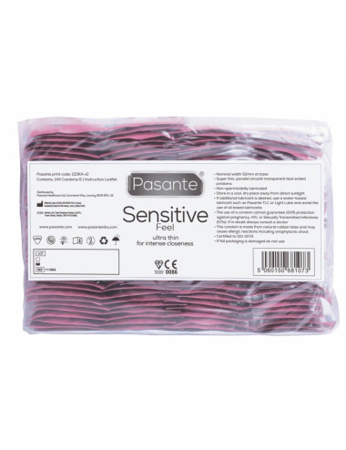 Prezerwatywy Pasante Sensitive Feel - Afrodyzjaki, Ultra Cienkie 190x52 mm, 144 szt, Vegan, CE