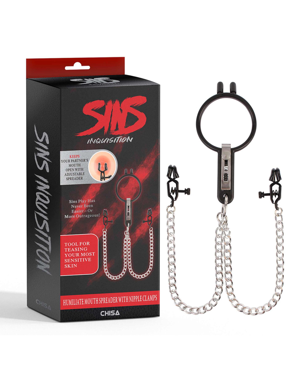 Sins Zestaw BDSM: Rozwieracz ust Mouth Spreader i klipsy na sutki