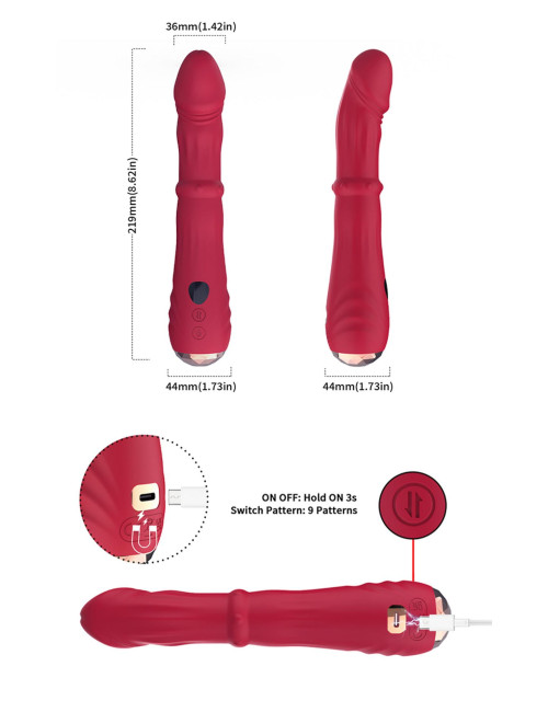 Jackal Red 9 – Wibrator punktu G, 9 trybów, USB-C, wodoodporny, cicha praca, zabawki erotyczne