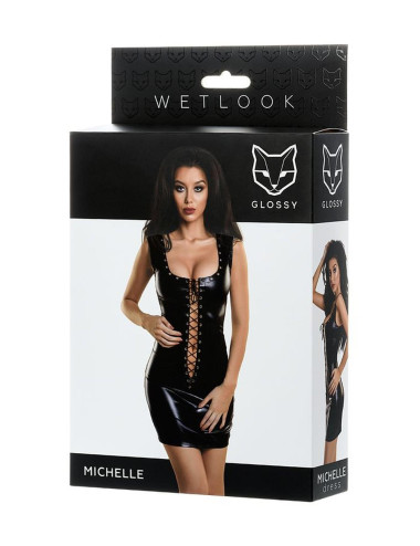 Glossy Shiny Wetlook dress with a lace MICHELLE - black L