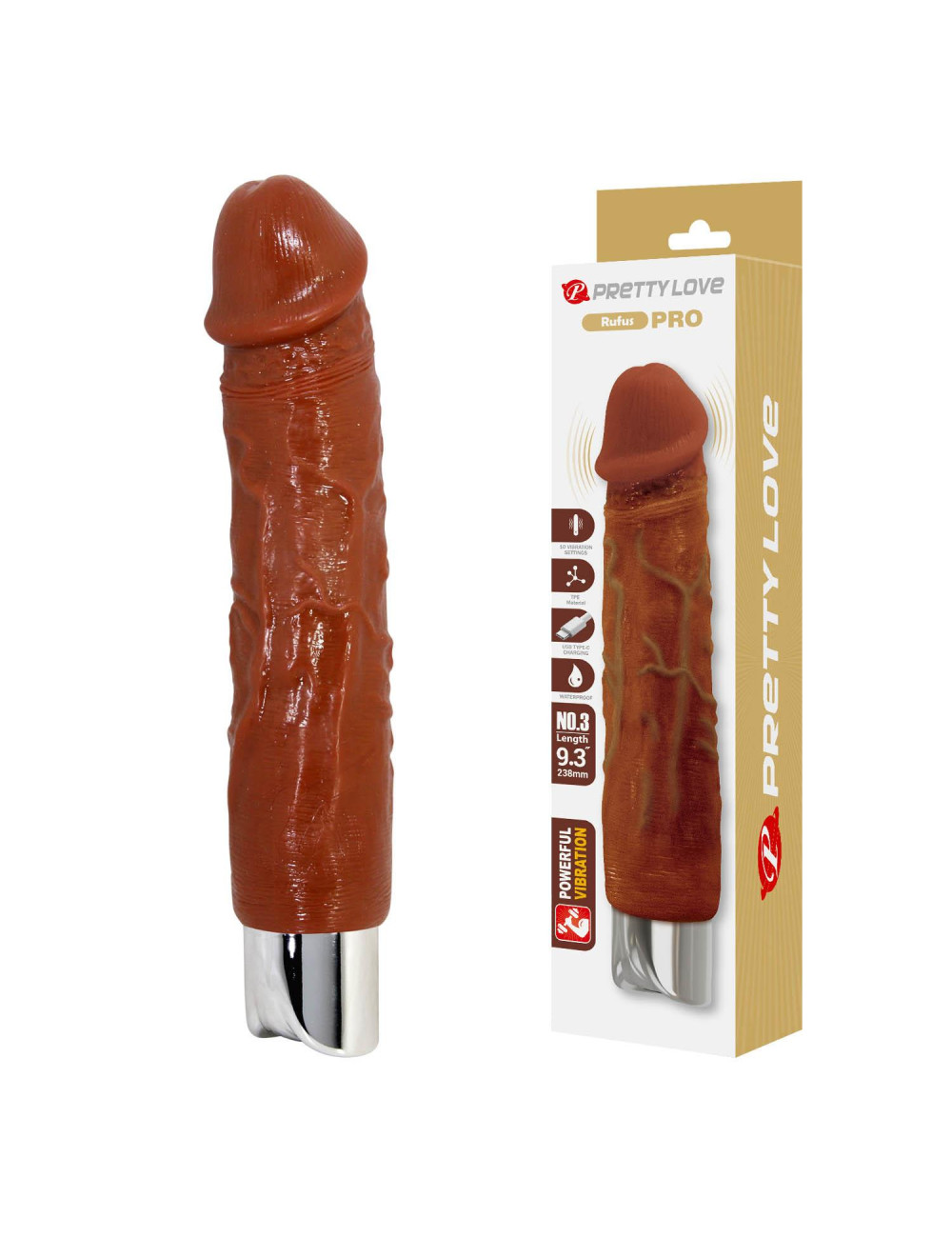 Pretty Love Rufus Pro - realistyczny dildo z 10 trybami wibracji, wodoodporny USB-C