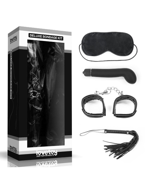 Zestaw Deluxe Bondage - Zabawki / Zestawy, Kajdanki, Flogger, Wibrator, Opaska na oczy