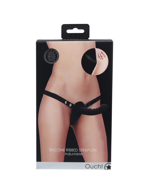 Ouch! Silicone Ribbed Strap-On Adjustable Black - Zabawki Strap-On Bez Wibracji Silikon Medyczny