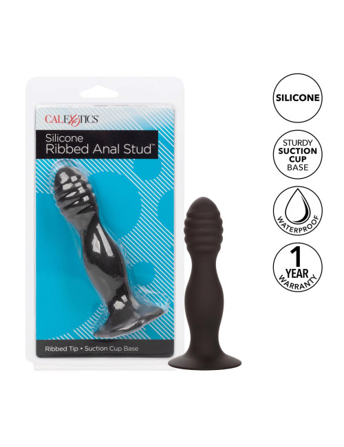 Plug analny żebrowany silikonowy z przyssawką – czarny CalExotics Ribbed Anal Stud