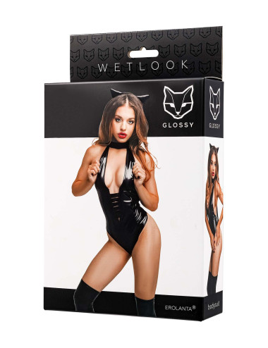 Glossy Kitti, bodysuit and cat ears, wetlook, black, S