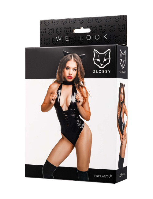 Glossy Kitti Czarne Body Wetlook z Kocimi Uszami XL