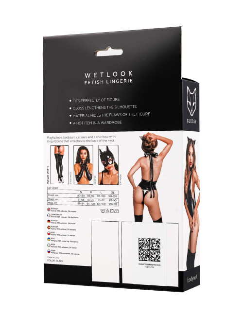 Glossy Kitti Czarne Body Wetlook z Kocimi Uszami XL