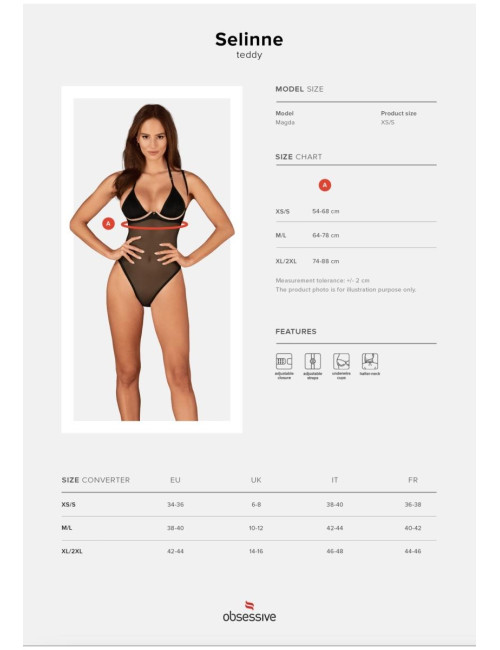 Obsessive Selinne Body - Czarne body z regulowanymi ramiączkami XS/S