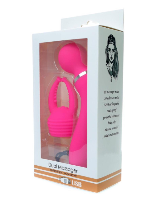 Dual Massager USB Pink - Wibrator i Masażer Zewnętrzny z Nakładką, 10+10 Funkcji, Silikon Medyczny, Wodoodporny