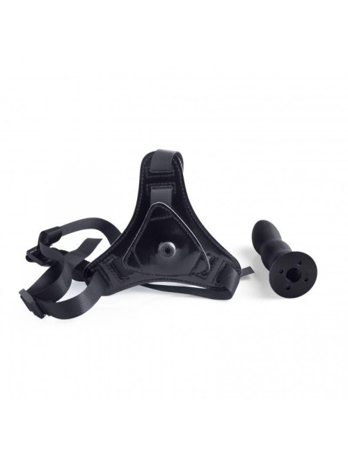 Czarny strap-on bez wibracji z regulowanym paskiem – dla par, silikonowy dildo