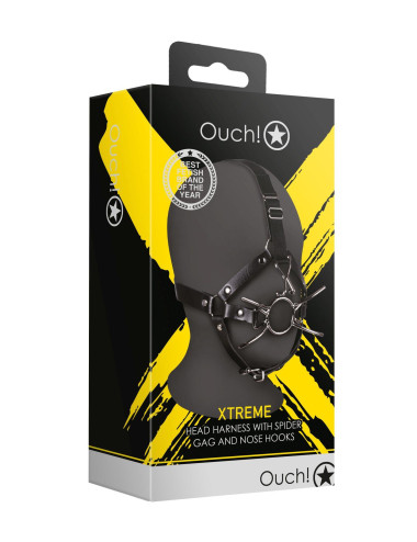 Head Harness with Spider Gag and Nose Hooks - Black