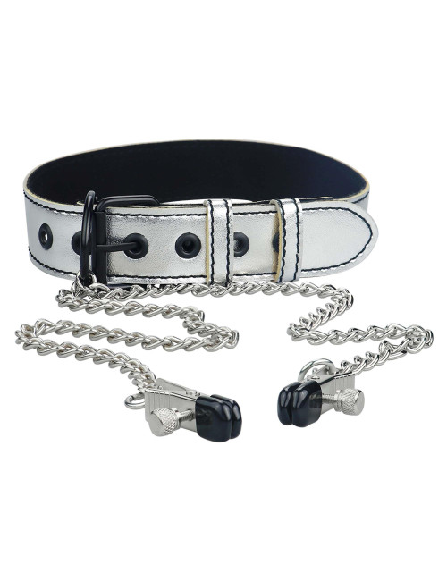 Metallic Silver Collar With Nipple Clamp