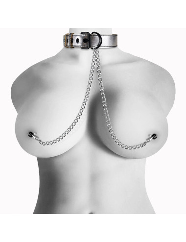 Metallic Silver Collar With Nipple Clamp