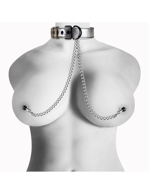 Lovetoy Metallic Silver Collar - Obroża z klamrami do sutków