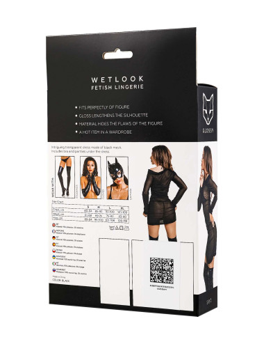 Glossy Sheril, set (dress, bra +panties), wetlook, black, L