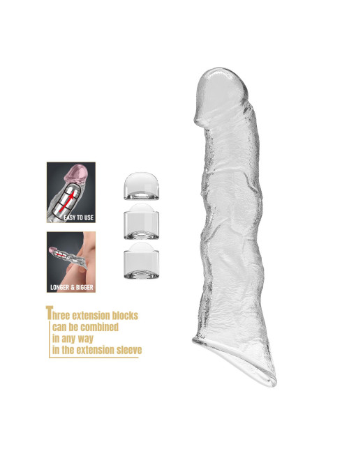 Pretty Love Extension Sleeve Przezroczysta z Modułowymi Blokami – 28 cm, Zabawki/Nakładki/Przedłużki, Bezpieczne dla ciała