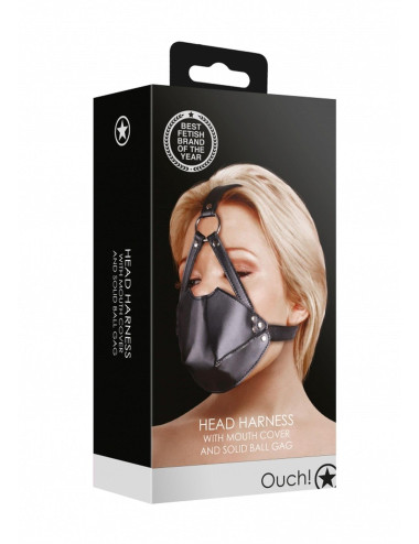 Head Harness with Mouth Cover and Solid Ball Gag - Black