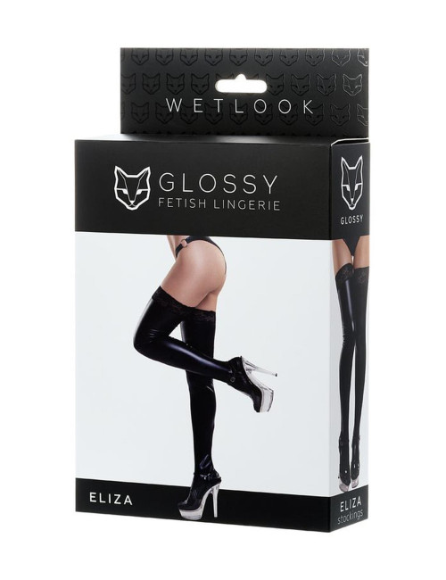 Glossy Czarne Pończochy Wetlook z Koronką Eliza Rozmiar XL
