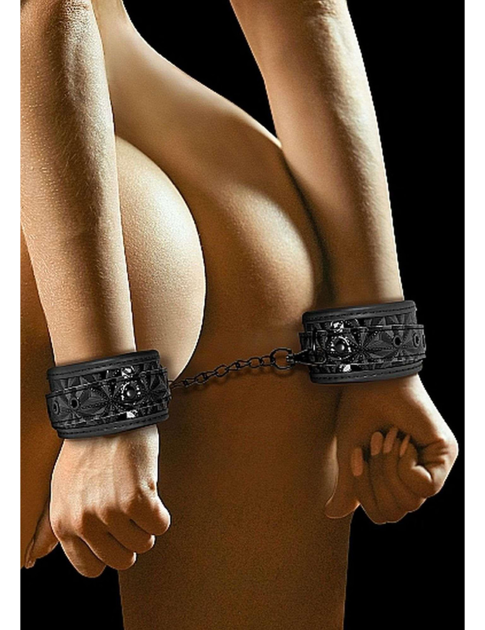 Kajdanki Luxury Black – BDSM Kajdanki z Neoprenem i Eko Skórą, Regulowane 21–31 cm, Diamentowy Wzór