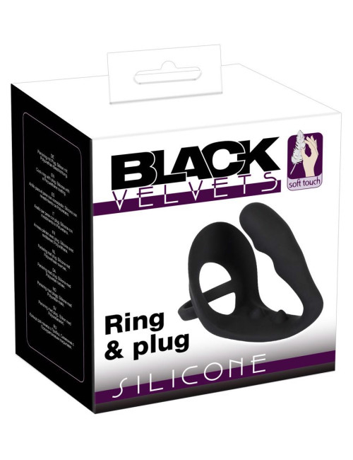 Pierścień erekcyjny silikon bez wibracji z zatyczką analną - Black Velvets Ring & Plug