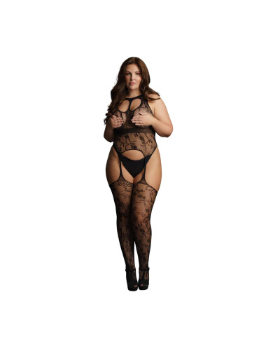 Lace Suspender Bodystocking with Round Neck - Plus Size