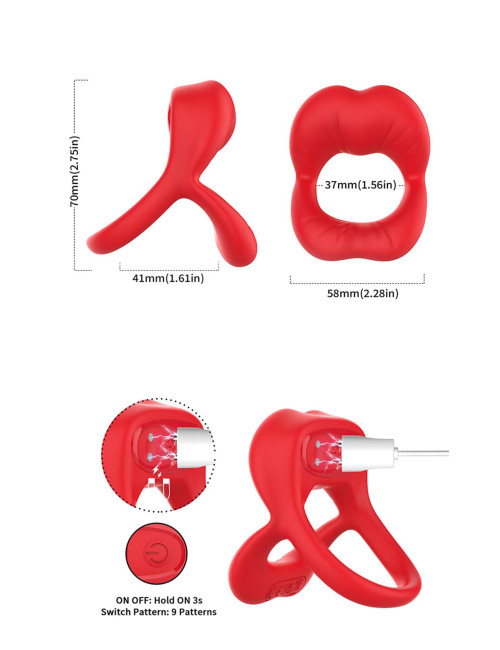 Big Mouth Red – Pierścień wibracyjny z 9 trybami, silikonowy, wodoodporny, ładowanie magnetyczne
