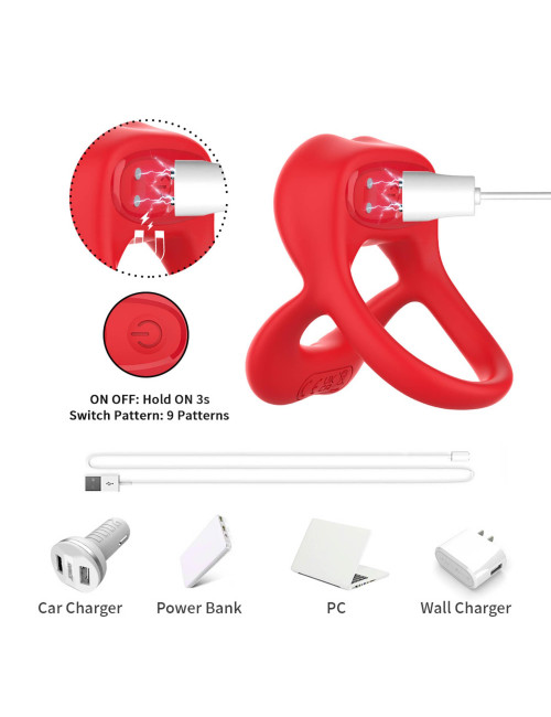 Big Mouth Red – Pierścień wibracyjny z 9 trybami, silikonowy, wodoodporny, ładowanie magnetyczne