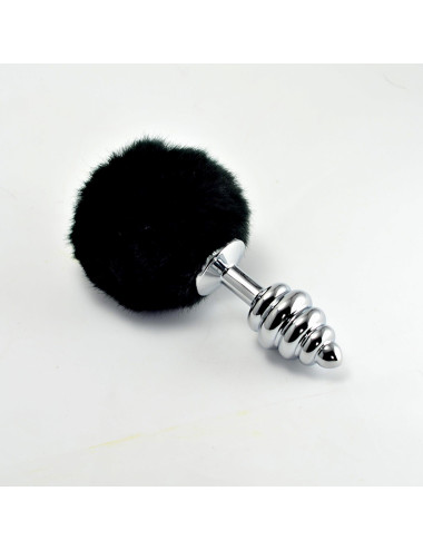 Spiral Pompon Metal Plug Black - Wtyczka analna spiral z czarnym pomponem 8 cm, biżuteria analna, zabawki analne, bez niklu