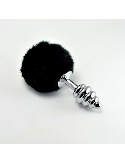 Spiral Pompon Metal Plug Black - Wtyczka analna spiral z czarnym pomponem 8 cm, biżuteria analna, zabawki analne, bez niklu