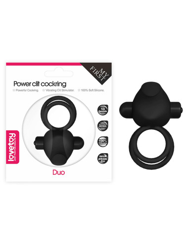 Power Clit Duo - silikonowy pierścień wibracyjny czarny | Zabawki, Pierścienie, Z wibracją