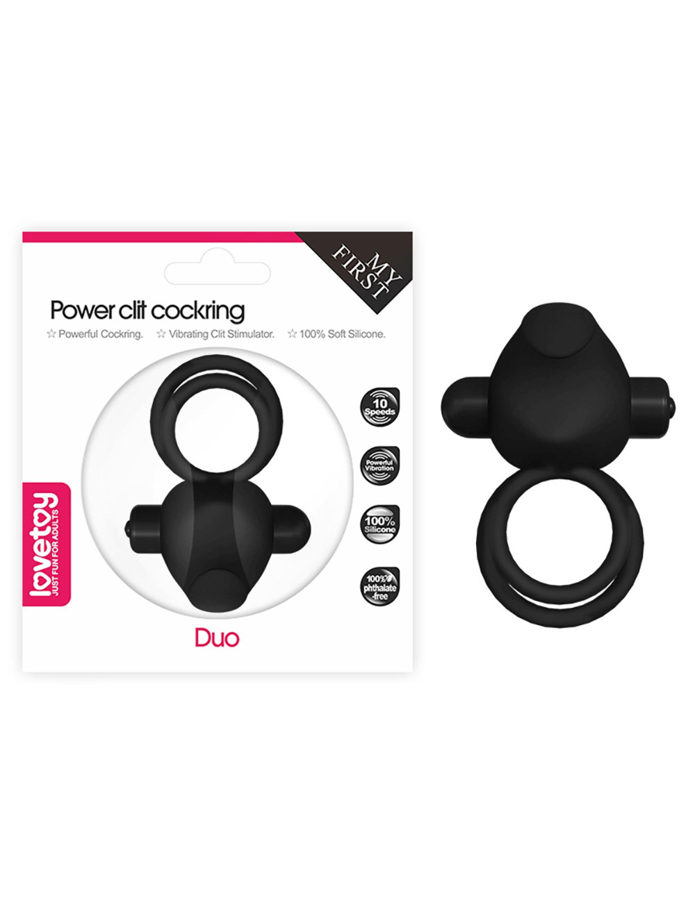 Power Clit Duo - silikonowy pierścień wibracyjny czarny | Zabawki, Pierścienie, Z wibracją