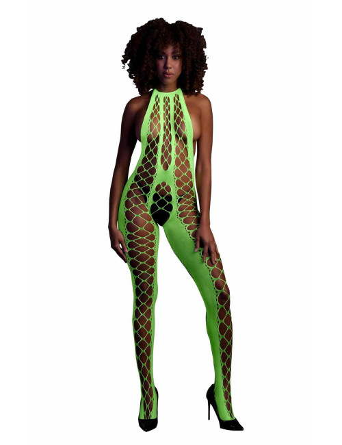Ouch! Neonowozielone bodystocking z halterneckiem XS/XL