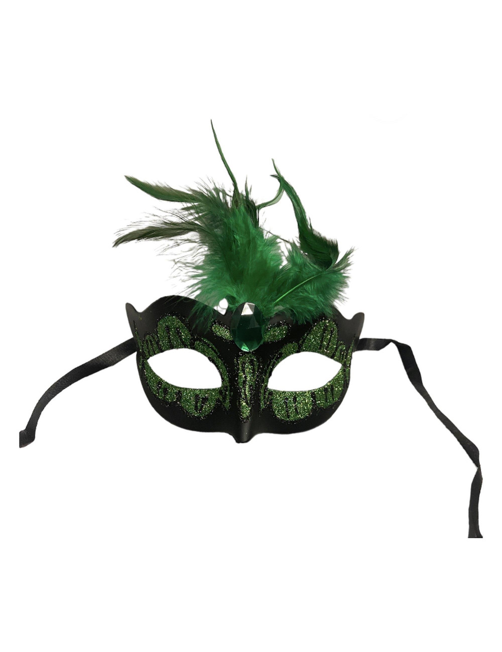 Maska-Venetian Mask Green with Green Stone and Feather