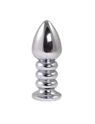 Silver large ribbed butt plug with pink crystal