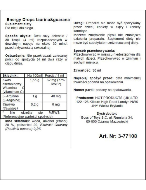 Hot Energy Drops Tauryna i Guarana Dla Par 30 ml