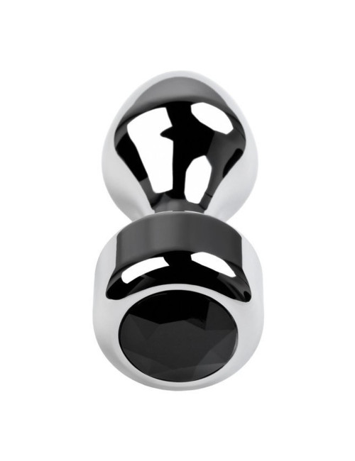 Silver anal plug TOYFA Metal with black round-shaped gem, length 8,2 cm, diameter 2,5-3,8 cm, weight 210 gr
