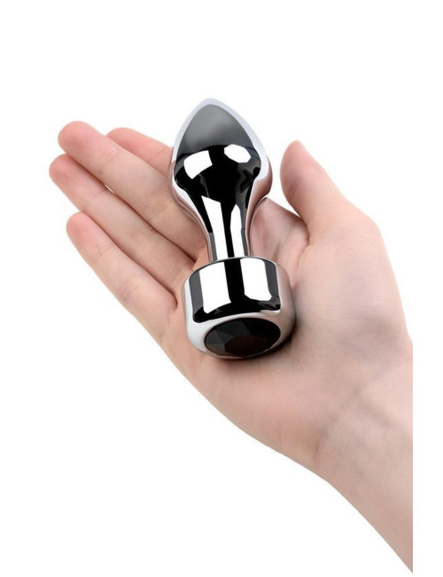 Silver anal plug TOYFA Metal with black round-shaped gem, length 8,2 cm, diameter 2,5-3,8 cm, weight 210 gr