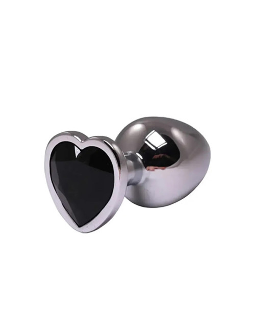 Korek analny w kształcie serca, srebrny z czarnym kryształem - butt plug medium