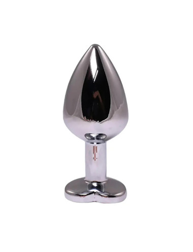 Silver medium heart-shaped butt plug with pink crystal