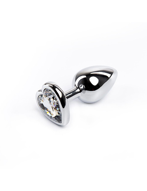 Silver medium heart-shaped butt plug with white crystal